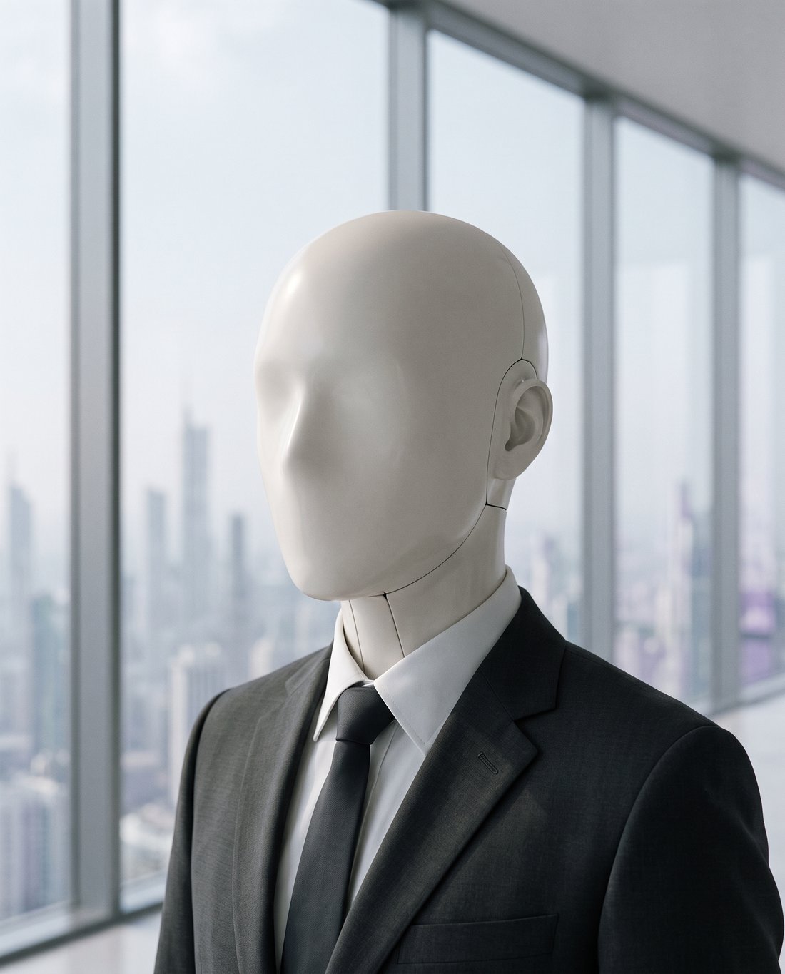 Close portrait of a single AI agent — a smooth featureless bone-white face above a charcoal suit