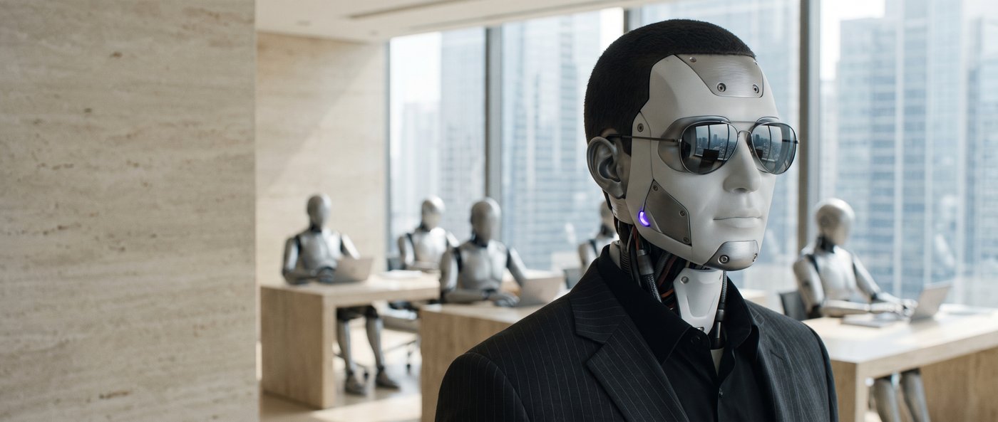 Tony standing full-length in the tower atrium with three faceless agents behind him, the city far below