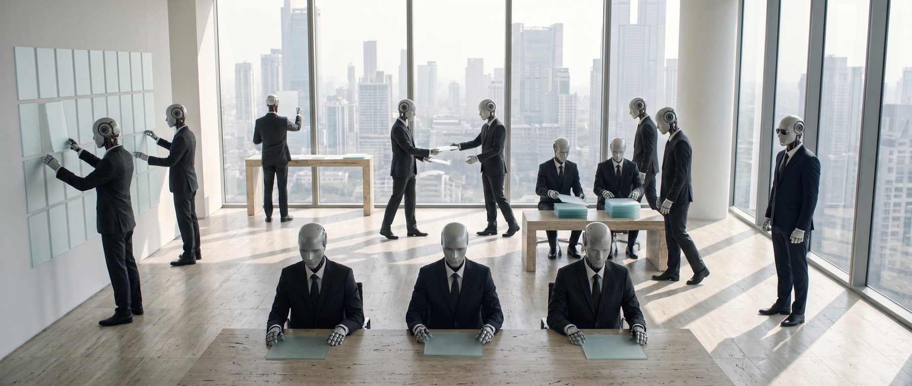 The open working floor: twelve robots in charcoal suits at separate stations — arranging a wall of blank panes, sorting at benches, seated at tables, mid-handover — with Tony watching from the right